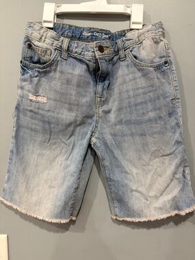 Light Blue Distressed Denim Bermuda Shorts w/ Adjustable Waist